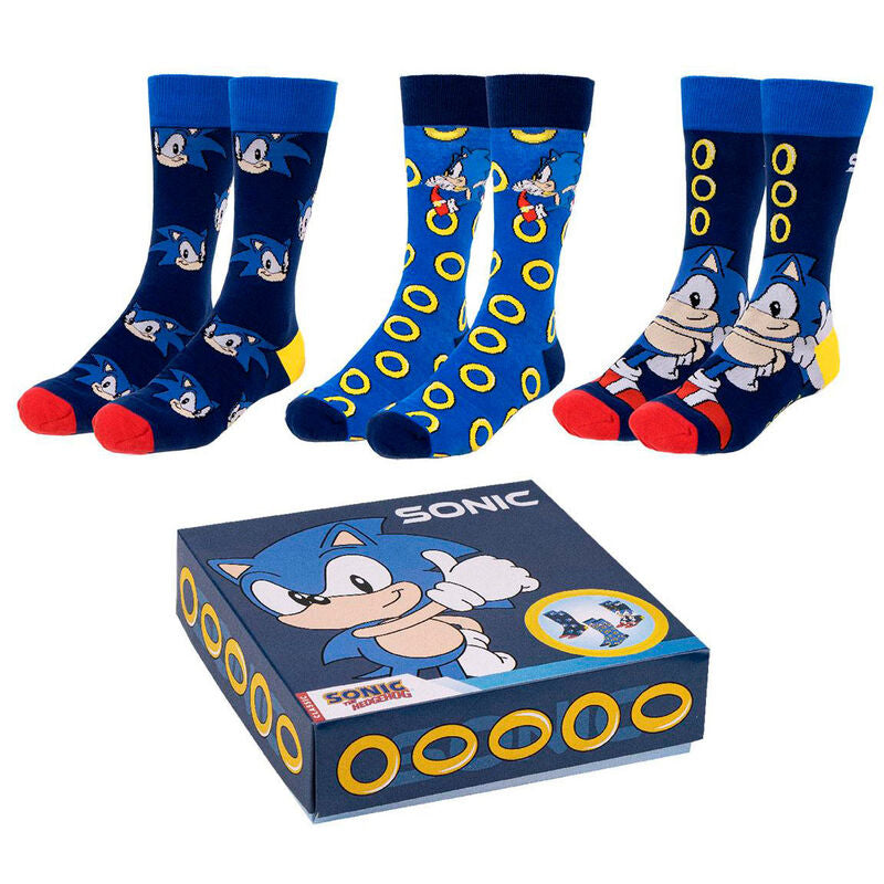 Set de tres pares de calcetines Sonic azules con estampados de personajes y anillos
