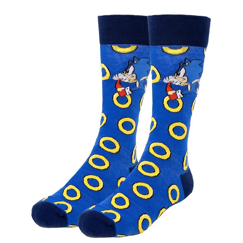 Set de tres pares de calcetines Sonic azules con estampados de personajes y anillos - 3