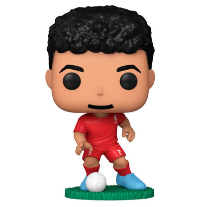 Figura Funko POP! de Luis Díaz con uniforme rojo del Liverpool y balón de fútbol
