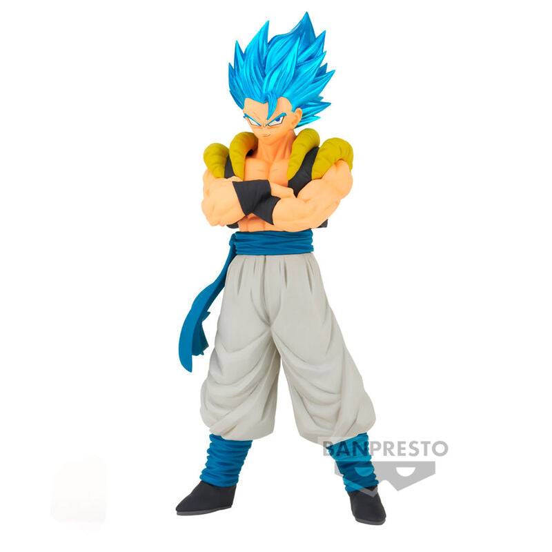 Figura de Gogeta de Dragon Ball Super con cabello azul y brazos cruzados