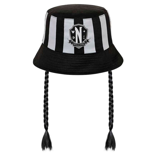 Gorro pesquero infantil de Miércoles negro y blanco con trenzas
