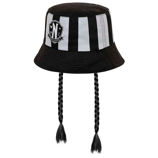 Gorro pesquero infantil de Miércoles negro y blanco con trenzas - 2