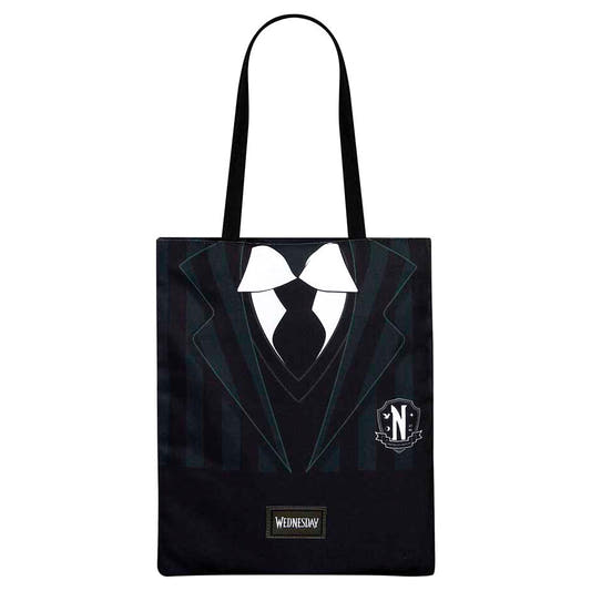 Bolsa shopping negra Wednesday con diseño de uniforme y pajarita
