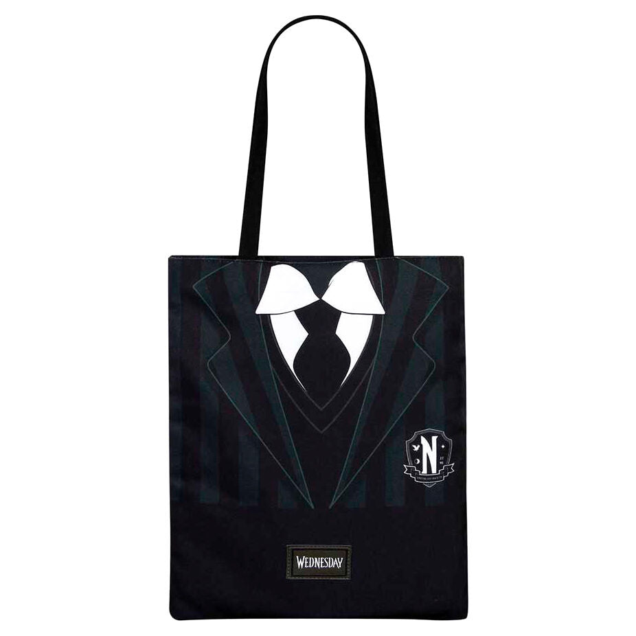 Bolsa shopping negra Wednesday con diseño de uniforme y pajarita