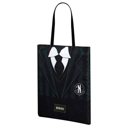 Bolsa shopping negra Wednesday con diseño de uniforme y pajarita - 2