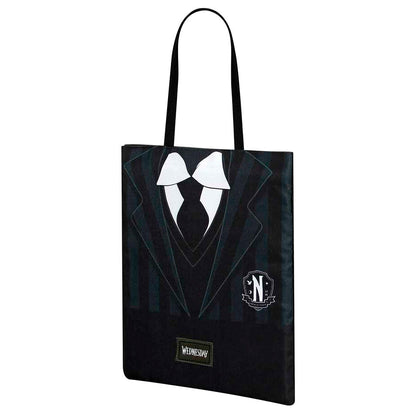 Bolsa shopping negra Wednesday con diseño de uniforme y pajarita - 2