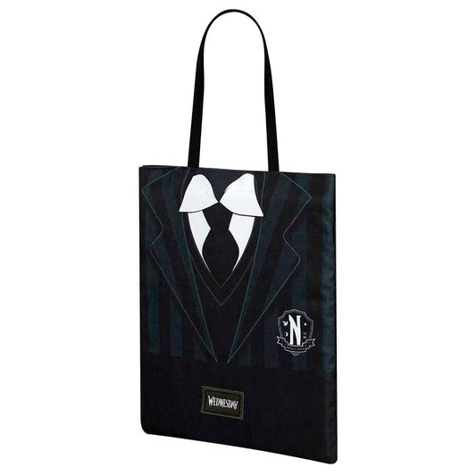 Bolsa shopping negra Wednesday con diseño de uniforme y pajarita - 2