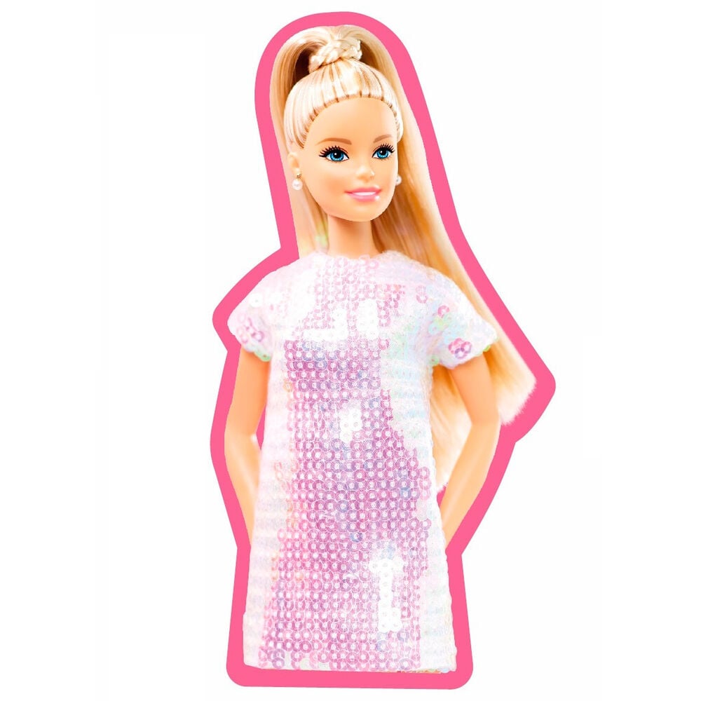 Cojín 3D de Barbie con borde rosa y vestido en tonos rosas y blancos