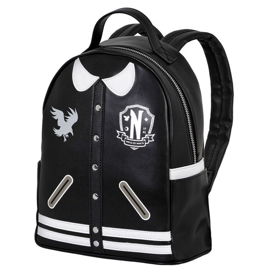 Mochila Varsity negra y blanca de Miércoles