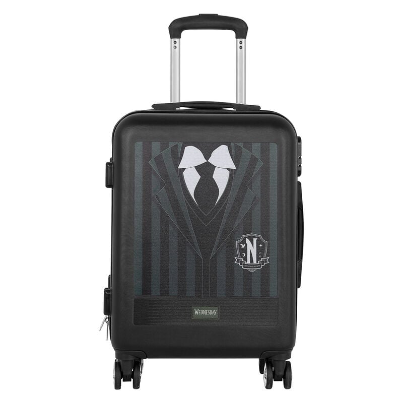 Maleta trolley ABS Wednesday negra con diseño de uniforme y cuatro ruedas