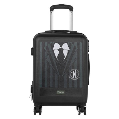 Maleta trolley ABS Wednesday negra con diseño de uniforme y cuatro ruedas