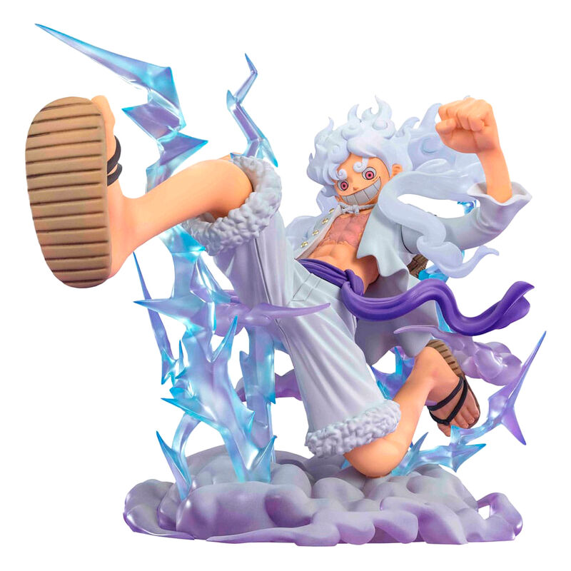 Figura Figuarts Zero de Monkey D. Luffy Gear 5 con efectos azulados y base de nubes