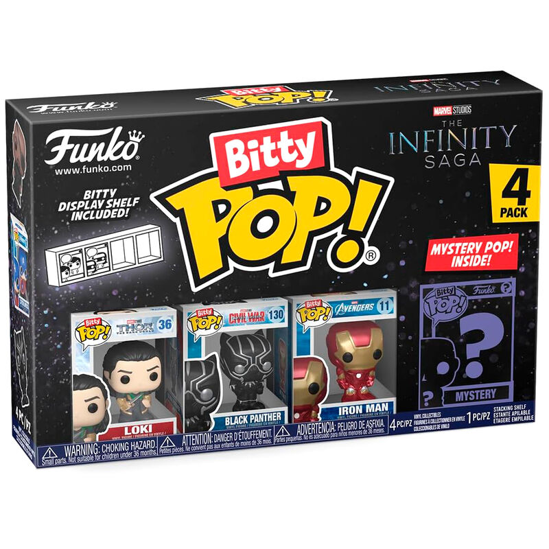 Blíster de 4 figuras Bitty Pop! Marvel The Infinity Saga con Loki, Black Panther, Iron Man y una figura misteriosa