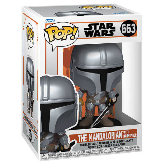 Figura Funko POP de The Mandalorian con Darksaber en caja con ventana