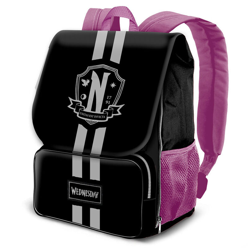 Mochila de solapa Miércoles negra y rosa con bolsillo frontal