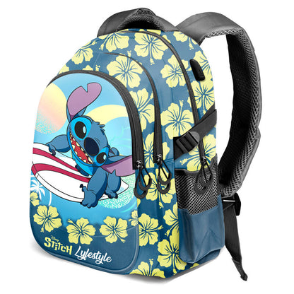 Mochila Disney Stitch azul con flores amarillas y bolsillo frontal