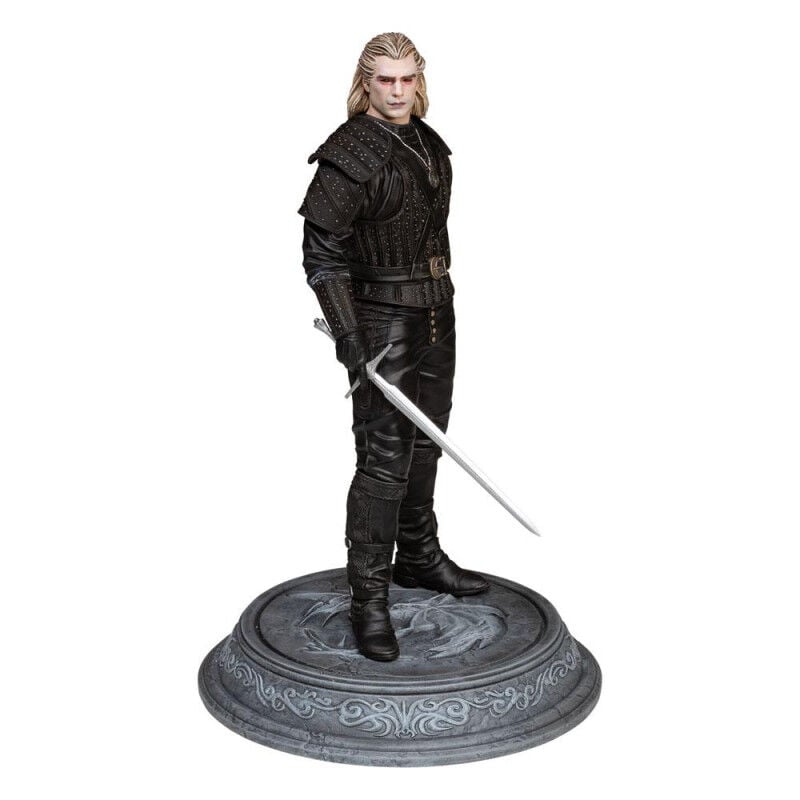 Figura de Geralt de Rivia de The Witcher con espada sobre base ornamental