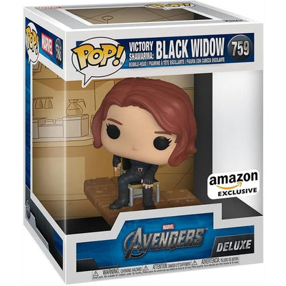 Figura Funko POP Deluxe de Black Widow sentada en caja Marvel Los Vengadores