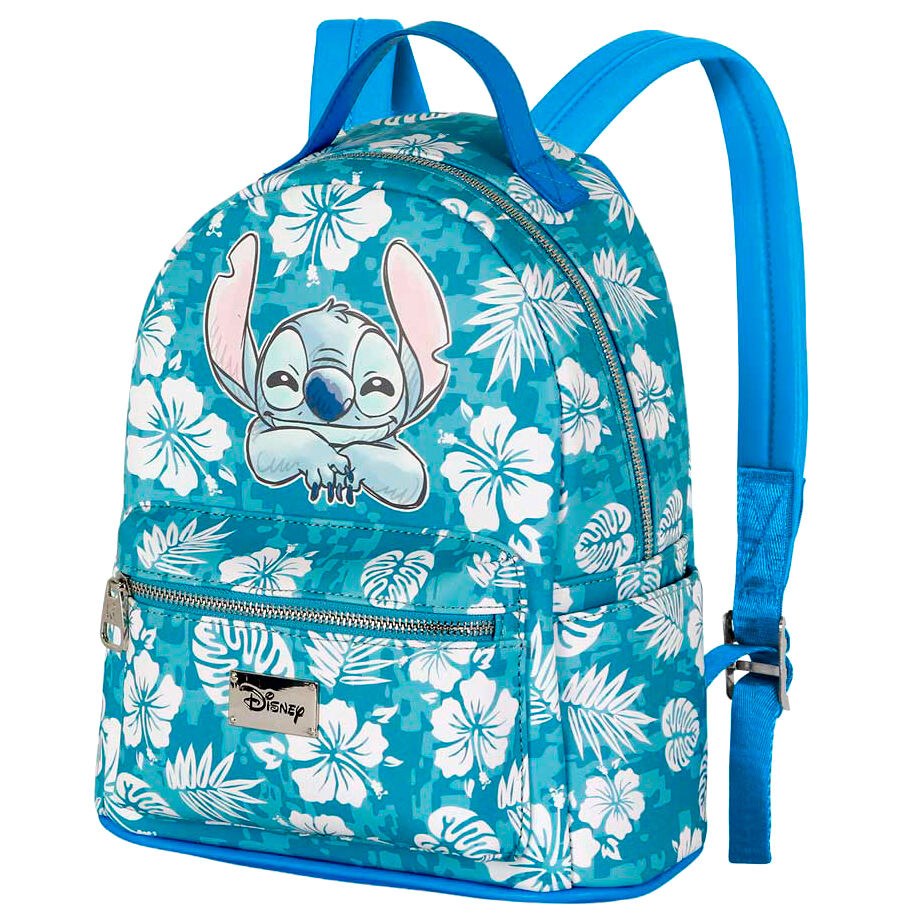 Mochila azul floral Aloha de Stitch Disney con bolsillo frontal