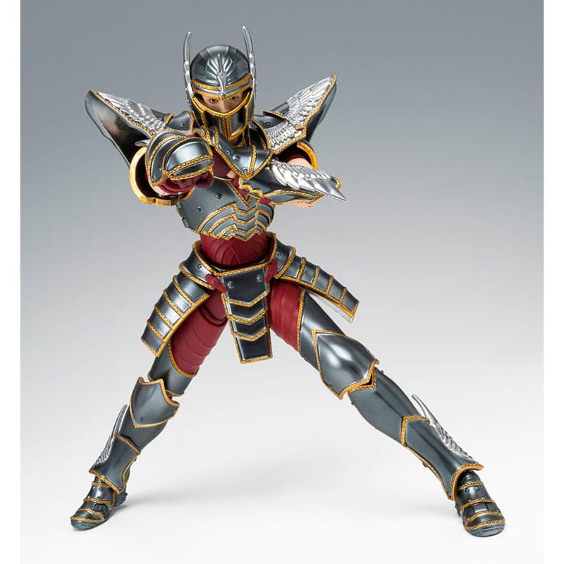 Figura articulada de Pegasus Seiya con armadura gris y detalles dorados