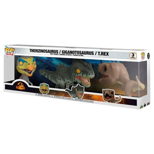 Blíster Funko POP Jurassic World con tres figuras de dinosaurios