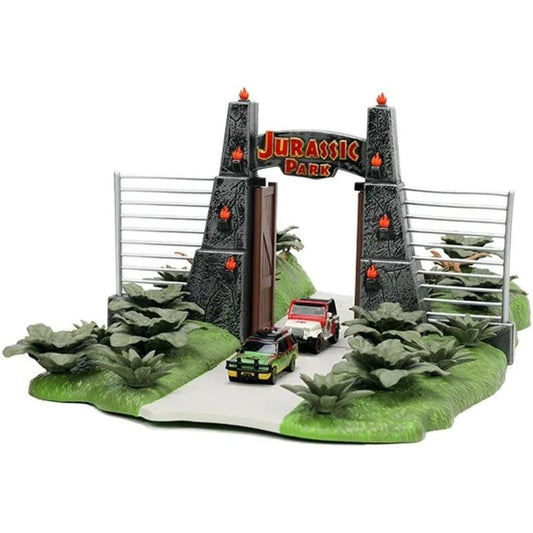 Escenario mini Jurassic Park con vehículos y dinosaurios