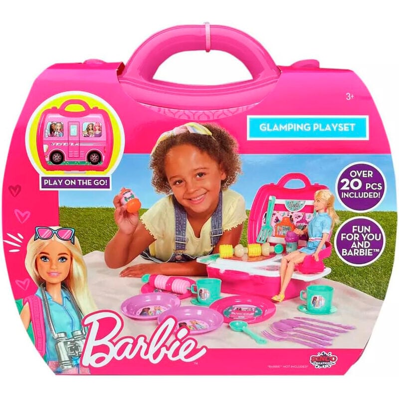 Playset Barbie Glamping rosa con barbacoa y accesorios