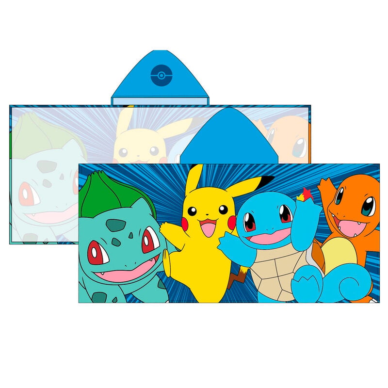 Poncho toalla Pokémon azul con capucha y Pikachu, Bulbasaur, Squirtle y Charmander