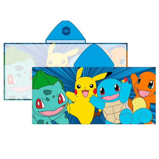Poncho toalla Pokémon azul con capucha y Pikachu, Bulbasaur, Squirtle y Charmander