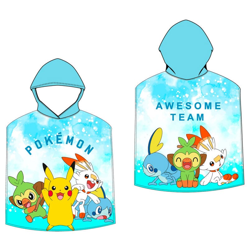 Poncho toalla Pokémon turquesa con capucha y personajes