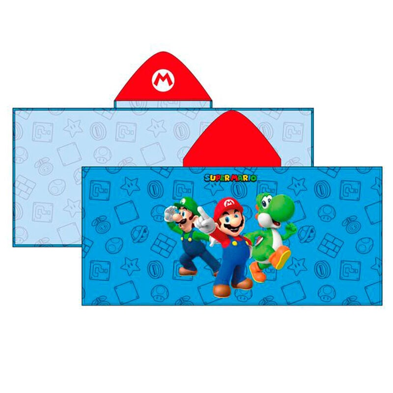 Poncho toalla azul de Super Mario Bros con Mario, Luigi, Yoshi y capucha roja