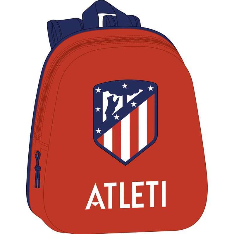 Mochila roja y azul del Atlético de Madrid con diseño 3D y texto Atleti