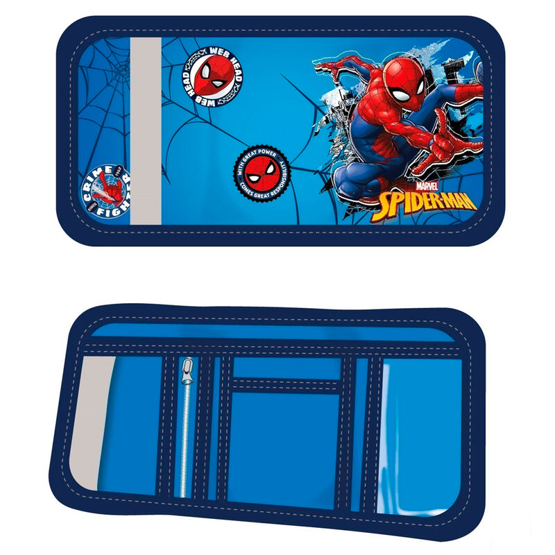 Cartera azul Marvel Spider-Man abierta con compartimentos interiores