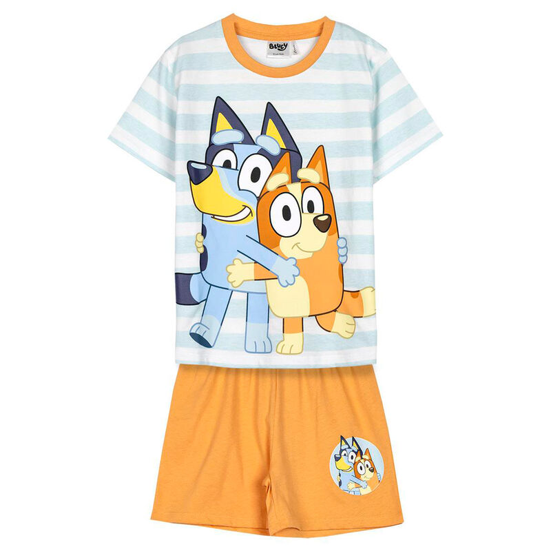Pijama corto infantil de Bluey con camiseta de rayas y pantalón naranja