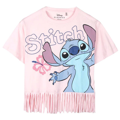 Camiseta rosa de algodón Stitch Disney con estampado y flecos
