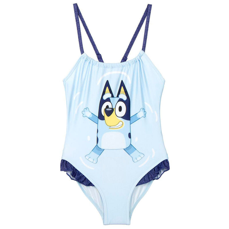 Bañador infantil azul claro de Bluey con tirantes y estampado frontal