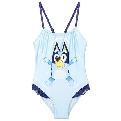 Bañador infantil azul claro de Bluey con tirantes y estampado frontal