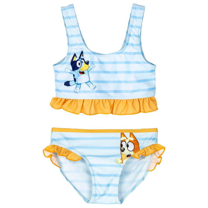 Bikini infantil Bluey de rayas azules con volantes y estampados de Bluey y Bingo