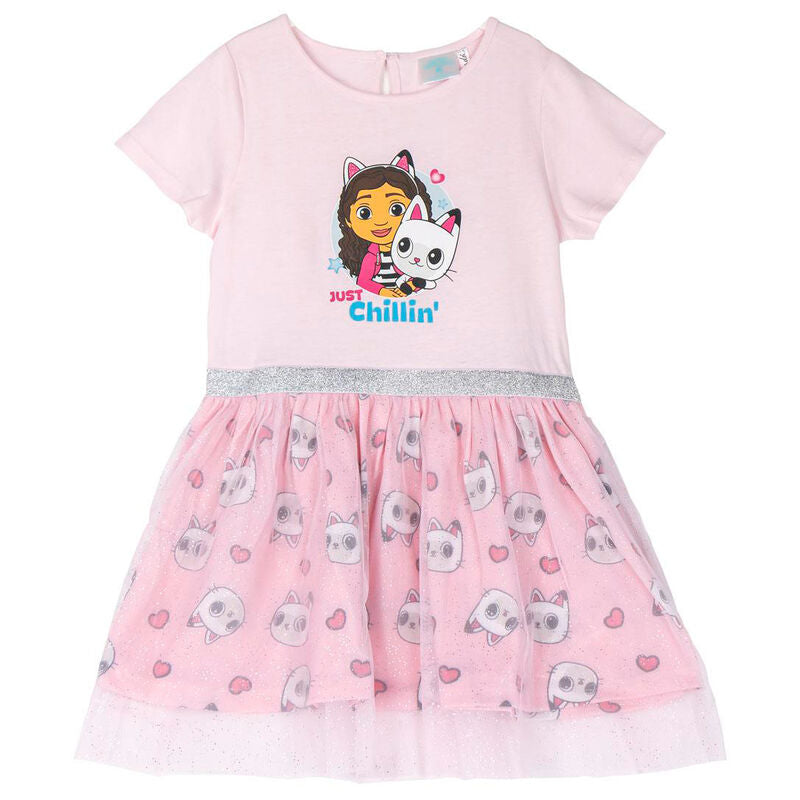 Vestido rosa de La Casa de Muñecas de Gabby con estampado de Gabby y gatitos