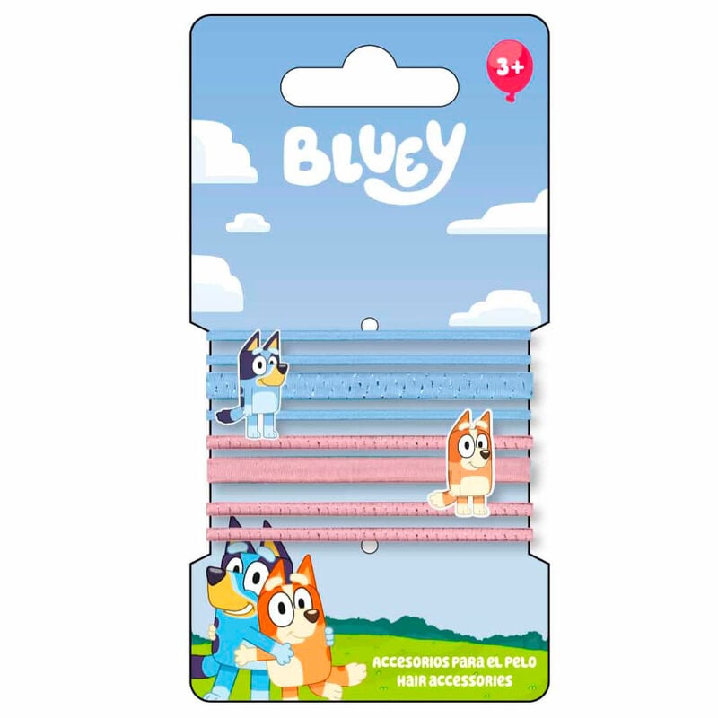 Blíster de 8 coleteros Bluey en azul y rosa con Bluey y Bingo