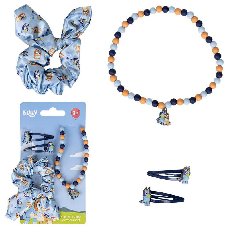 Set de accesorios para el cabello Bluey con coletero, collar y pinzas