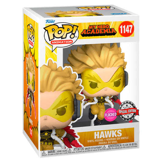 Figura Funko POP! Flocked de Hawks de My Hero Academia en caja con ventana