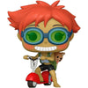 Figura Funko POP de Ed y Ein de Cowboy Bebop sobre un patinete rojo