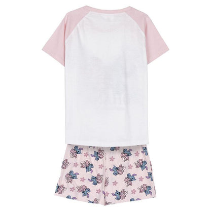 Pijama corto Disney de Stitch y Angel con camiseta blanca y pantalón rosa estampado - 2