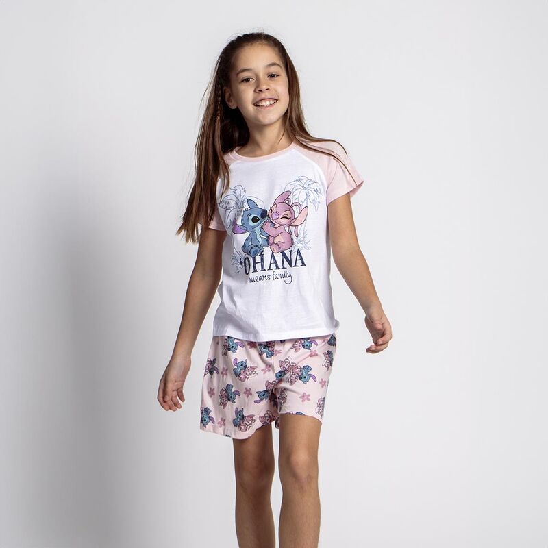 Pijama corto Disney de Stitch y Angel con camiseta blanca y pantalón rosa estampado - 5