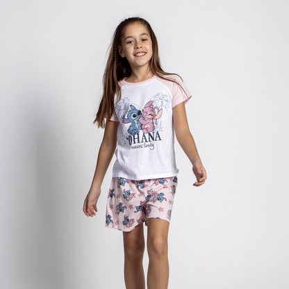 Pijama corto Disney de Stitch y Angel con camiseta blanca y pantalón rosa estampado - 5