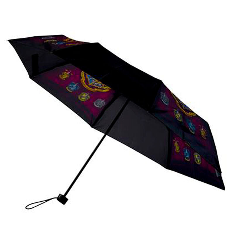 Paraguas plegable manual Harry Potter negro y morado abierto