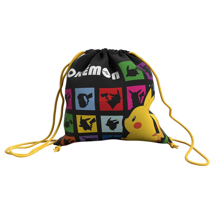 Saco Pokémon negro de 25 cm con Pikachu y cordones amarillos