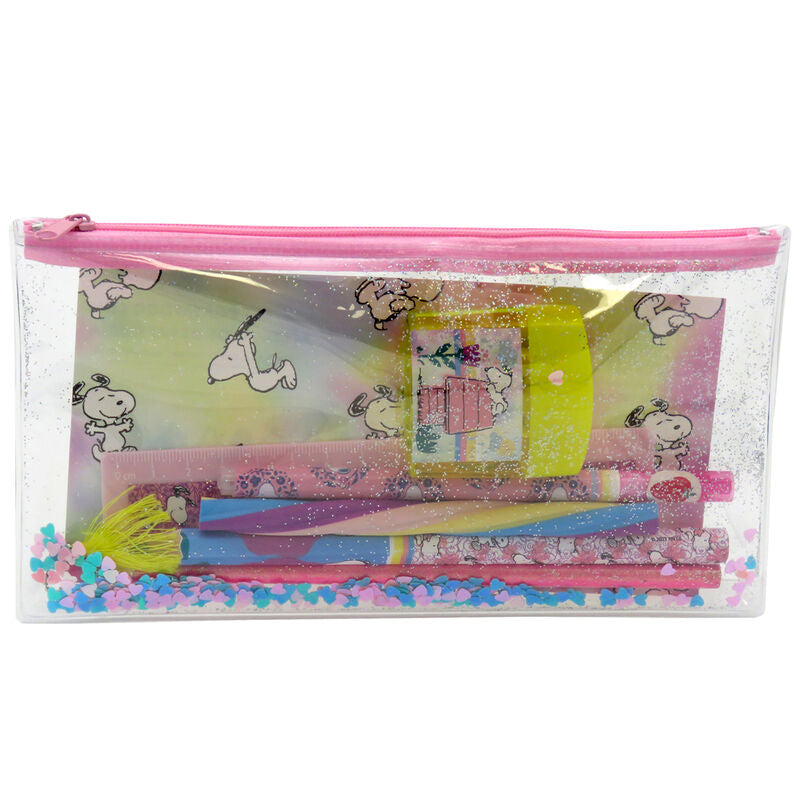 Set de papelería Snoopy con portatodo transparente de purpurina