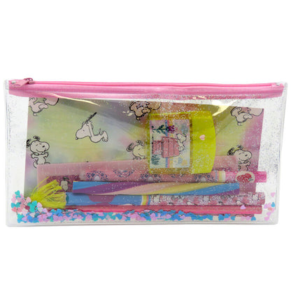 Set de papelería Snoopy con portatodo transparente de purpurina